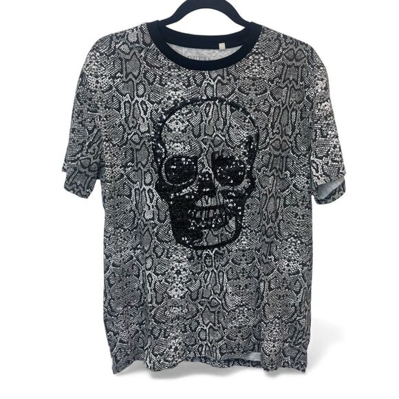 Guess Tops - Guess Women’s Size Large Snake Print Skull Tee Top Black and Gray Sequin Rock